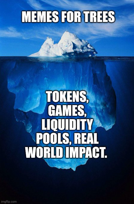 An iceberg meme showing a small tip above water labeled 'MEMES FOR TREES' and a massive underwater portion labeled 'TOKENS, GAMES, LIQUIDITY POOLS, REAL WORLD IMPACT.'