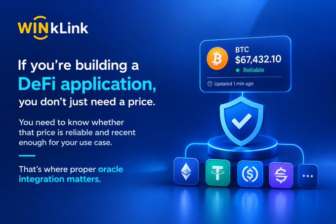 An advertisement graphic for 'WINkLink' stating 'If you're building a DeFi application, you don't just need a price,' displaying a Bitcoin price tag of $67,432.10 labeled 'Reliable' and logos for various cryptocurrencies.
