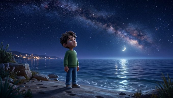 A 3D animated scene of a young boy in a green sweater standing on a beach at night, gazing up at a starry sky with the Milky Way and a crescent moon over the ocean.