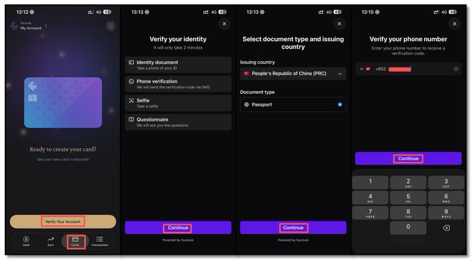 A four-step screenshot sequence showing a phone verification process for the Sumsub platform, including identity document selection, country and document type choice (China/Passport), and phone number entry with country code +852.