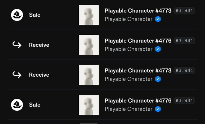A screenshot of an NFT marketplace showing multiple sales of 'Playable Character #4773' and '#4776' at 3,941 each.
