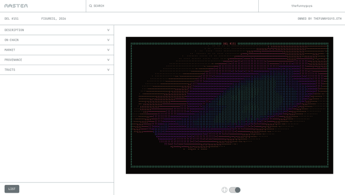 The image shows a screenshot of a computer screen displaying a digital art piece created using code. The piece consists of an animated illustration in shades of purple, green, blue, and orange, which seems to move across the screen with each shift in form or change in illumination. A note on the screen indicates that it was developed by Del #151 at Figure31, who was responsible for this digital art piece. There is also a line that says "DELs are animated ASCII shells embodied by the network." The image contains various text elements and icons related to blockchain technology, suggesting an interesting blend of artistic expression with technical knowledge.