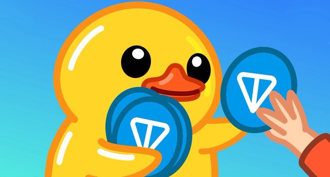 Cartoon illustration of a yellow duck holding blue TON cryptocurrency coins while a hand reaches toward them.