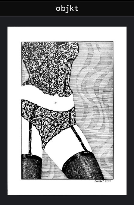 Black and white ink illustration of a figure's torso and thighs wearing ornate patterned garments and stockings, signed "Lamar 2020," with the word "objkt" at the top.