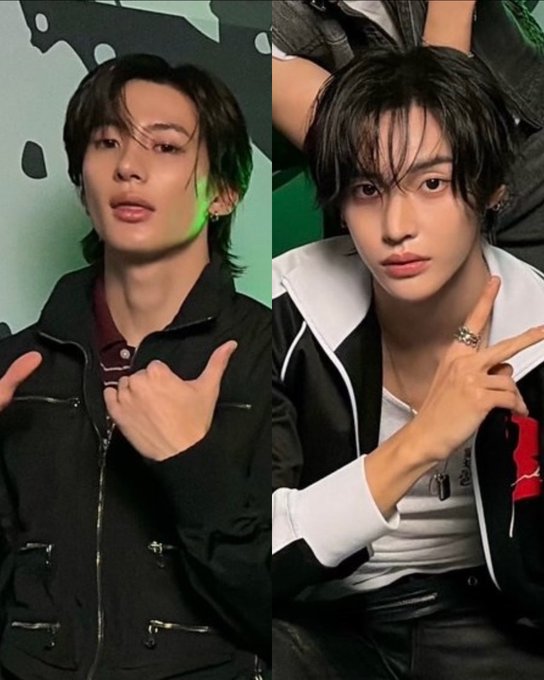 A split image showing two young men posing for the camera, both with dark hair and wearing dark clothing, each making a hand gesture.