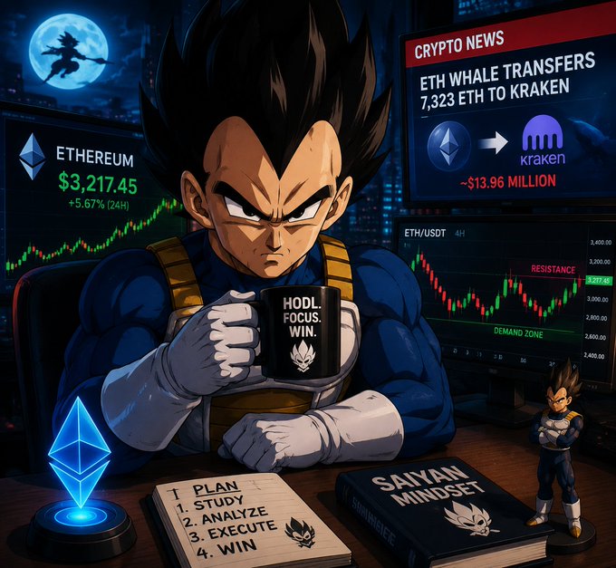 An anime-style illustration of Vegeta from Dragon Ball holding a coffee mug reading 'HODL. FOCUS. WIN.' with crypto news displays showing Ethereum price and ETH whale transfers, alongside a 'SAIYAN MINDSET' book.