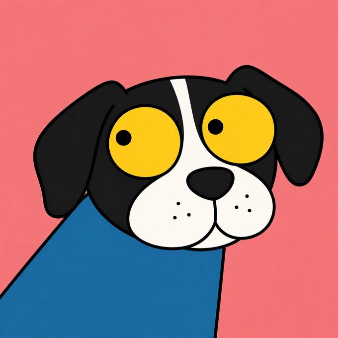 A cartoon illustration of a black and white dog with large yellow eyes against a pink and blue background.