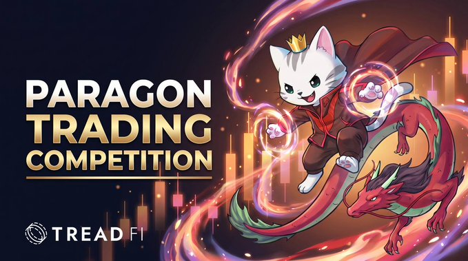 A promotional graphic for the Paragon Trading Competition hosted by TreadFi, featuring a crowned white cat mascot and red dragon amid glowing orange flames and financial candlestick charts, with bold text "PARAGON TRADING COMPETITION" and the TreadFi logo, advertising a chance to trade assets like UNITREE, STX, IREN, RDDT, and CRDO to win a Hypurr NFT and up to 50k USDC in rewards across daily epochs from August 10–24, 2026.