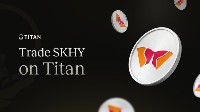 Titan crypto platform promotion announcing "Trade SKHY on Titan" alongside the Titan logo, with SKHY referring to SK Hynix shares tokenized by Backpack Securities via Sunrise, as depicted by silver coins featuring the Titan emblem.