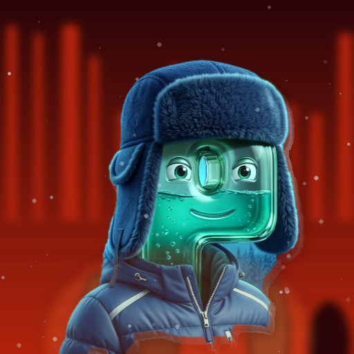 A 3D rendering of a green letter 'P' character wearing a blue winter coat and a furry blue trapper hat with ear flaps against a red background.