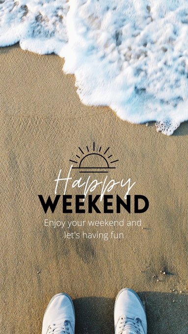 A first-person view shows white sneakers standing on wet sand as foamy waves wash up on a beach, overlaid with a sun graphic and the text "Happy WEEKEND - Enjoy your weekend and let's having fun," fitting the GM Legends greeting wishing followers a happy weekend.