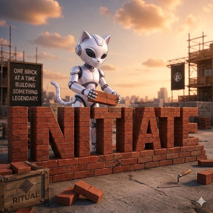 A 3D-rendered scene featuring a white robotic cat placing a brick on a wall spelling 'INITIATE', with a sign reading 'ONE BRICK AT A TIME. BUILDING SOMETHING LEGENDARY.' and a crate labeled 'RITUAL'.