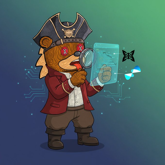 The image features a cartoon bear wearing a pirate hat, holding a magnifying glass over some paper with a butterfly on it. The background of the image has a blue-green color scheme, which complements the bear's attire and adds depth to the scene. There is also a small black butterfly in the top right corner of the image.