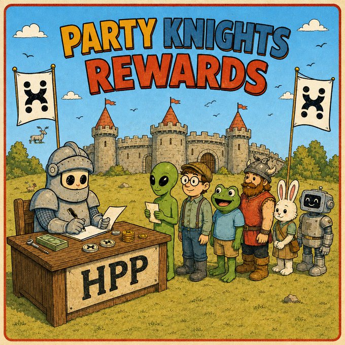 A whimsical illustration titled 'PARTY KNIGHTS REWARDS' depicting a robot knight at an 'HPP' desk surrounded by a line of diverse characters including an alien, frog, king, rabbit, and another robot, set before a castle.
