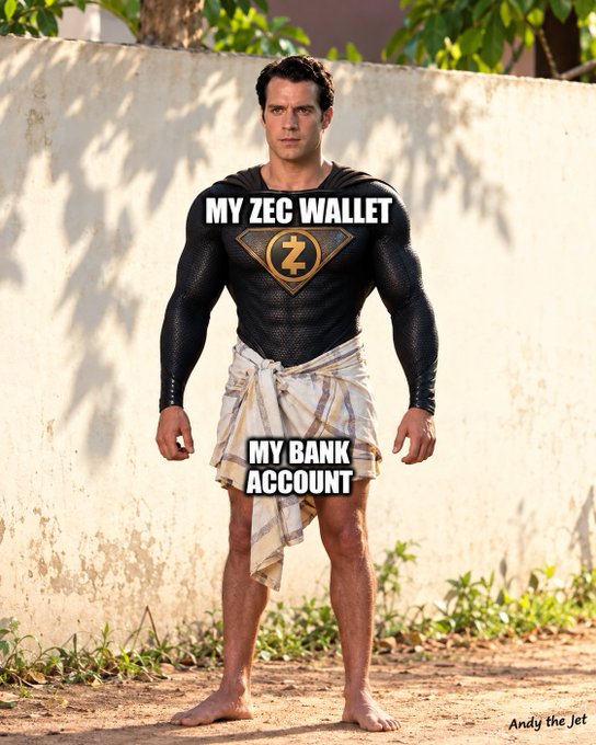 A meme featuring Henry Cavill as Superman with text reading 'MY ZEC WALLET' on his chest and 'MY BANK ACCOUNT' on his makeshift skirt.