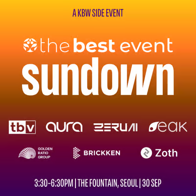 An event poster for 'A KBW SIDE EVENT the best event sundown' scheduled for '3:30-6:30PM | THE FOUNTAIN, SEOUL | 30 SEP', featuring logos for sponsors tbv, aura, ZERUI, and others.