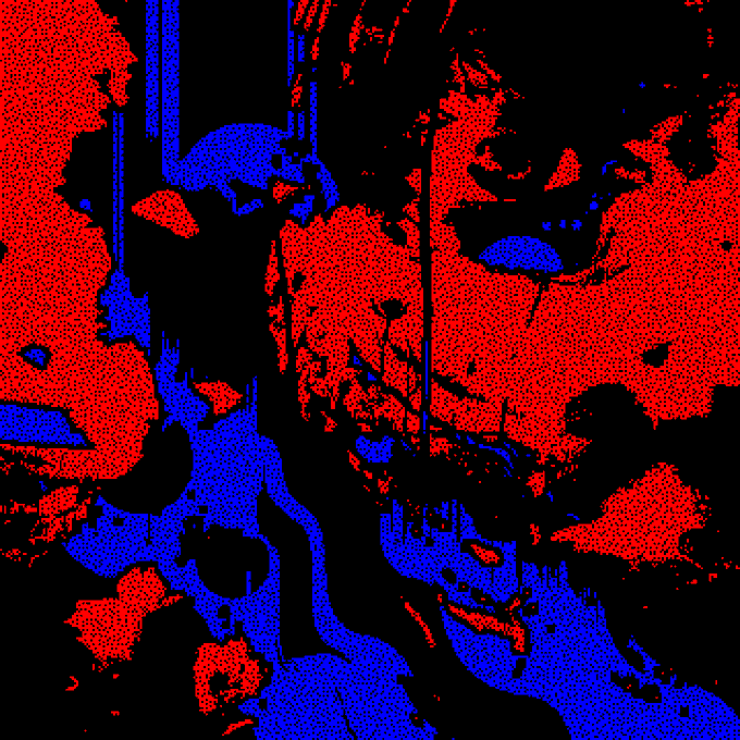 A highly stylized, high-contrast image rendered in only red, blue, and black dots, depicting what appears to be a face.