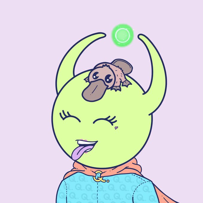 A cartoon illustration of a green alien-like character with closed eyes, sticking its tongue out, with a small platypus-like creature resting on its head beneath a glowing green orb.