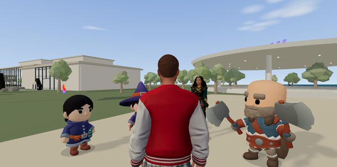 A 3D game scene showing several cartoonish characters, including a dwarf with axes and a wizard, gathered around a character in a red and white varsity jacket.