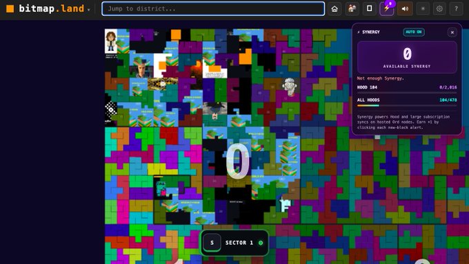 A screenshot of bitmap.land showing a pixelated map with a Synergy panel displaying available synergy and mood statistics.