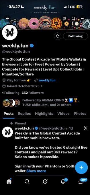 A mobile screenshot of the X (Twitter) profile for 'weekly.fun' (@weeklydotfun) describing itself as 'The Global Contest Arcade for Mobile Wallets & Browsers' powered by Solana, with a pinned post about hosting 6 live contests and 363 rewards.