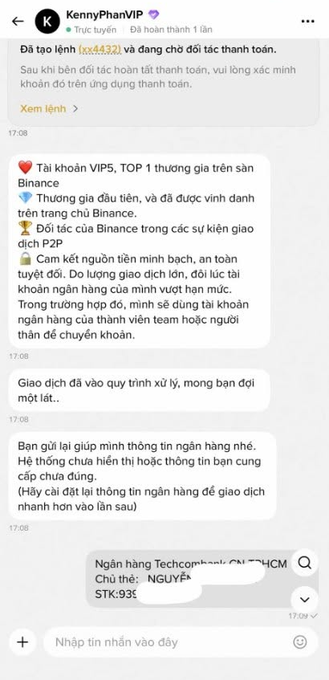 A Vietnamese Telegram chat from 'KennyPhanVIP' describes a scheme where a scammer impersonates a Binance VIP5 account holder, instructs a victim to transfer funds to settle a transaction error, and then requests bank account details (Techcombank) and a transfer code (STK: 932...) under the guise of fraud investigation.