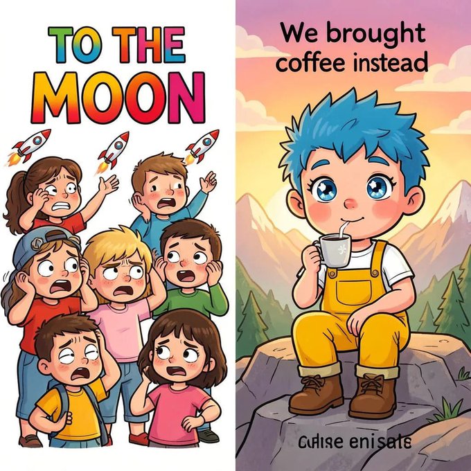 Two cartoon panels: the left titled 'TO THE MOON' shows distressed children with rocket ships, while the right shows a calm blue-haired boy drinking coffee on a mountain with the text 'We brought coffee instead'.