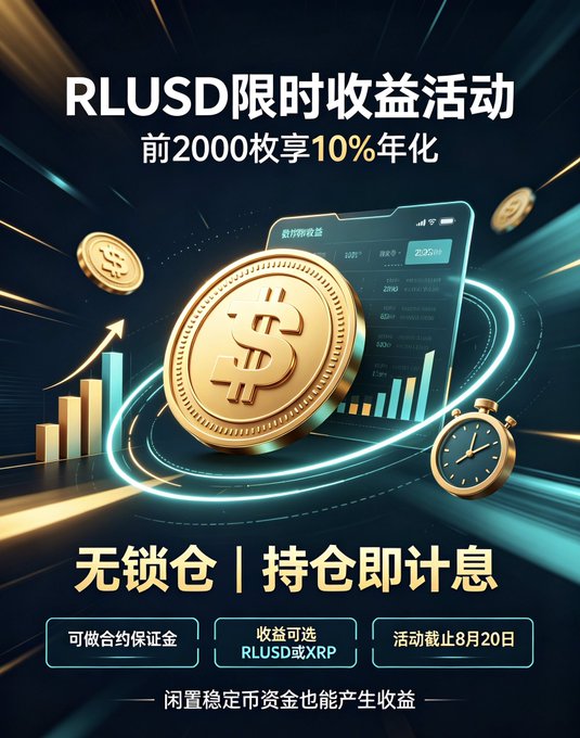A Chinese-language cryptocurrency promotional poster for 'RLUSD' advertising a limited-time 10% annualized yield activity featuring a large gold coin with a dollar symbol, charts, and a stopwatch.