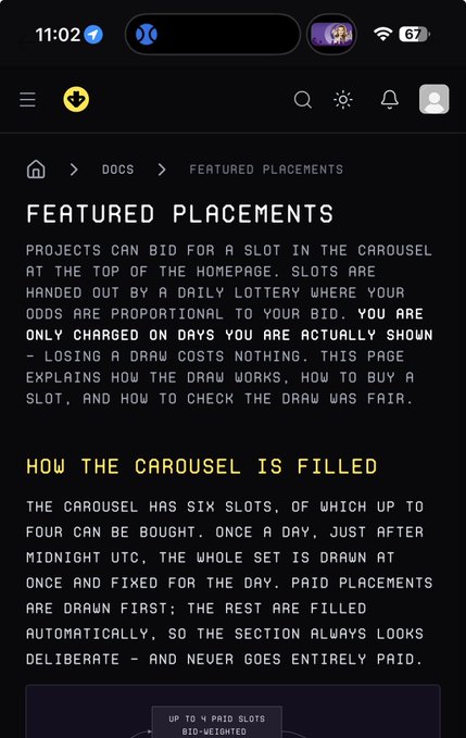 A screenshot of an NFT platform page titled "FEATURED PLACEMENTS" that explains how projects can bid on carousel slots on the homepage through a daily lottery system, with a 67% battery shown in the status bar, supporting the post about Algorand NFT creators bidding on featured placements via @downbad_algo.