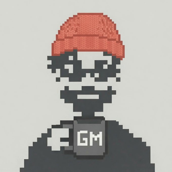 A pixel art style portrait of a person wearing an orange knit beanie, dark sunglasses, and a dark jacket with a 'GM' name tag or logo, set against a white background.