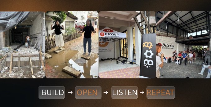 Collage documenting a 'Bitcoin Chronic Bar' opening with photos of construction progress and a grand opening event featuring people gathered outside the venue, captioned 'BUILD → OPEN → LISTEN → REPEAT'.