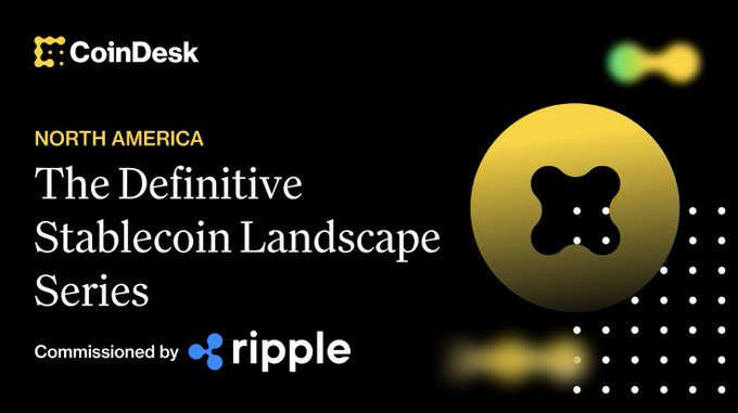 A CoinDesk article titled "The Definitive Stablecoin Landscape Series" for North America, commissioned by Ripple, features the CoinDesk logo and a yellow Ripple XRP-style emblem on a black background. The image appears unrelated to the post about TRON DAO's Developer Acceleration Program and incubation fund.