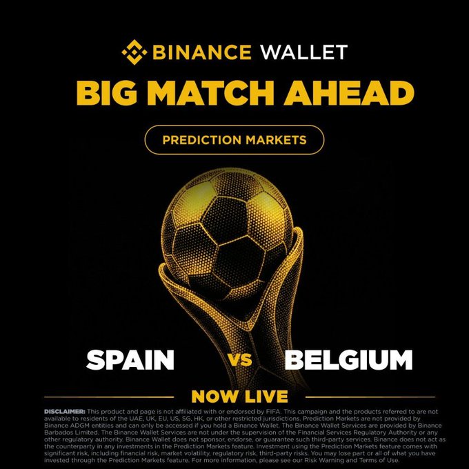 The image is a promotional graphic from **Binance Wallet** advertising its "Prediction Markets" feature, highlighting a **Spain vs Belgium** match under the headline "BIG MATCH AHEAD" with a golden soccer ball trophy. It aligns with the accompanying post by announcing the live prediction market for the Spain vs Belgium clash and the 100,000 USDT prize pool campaign.