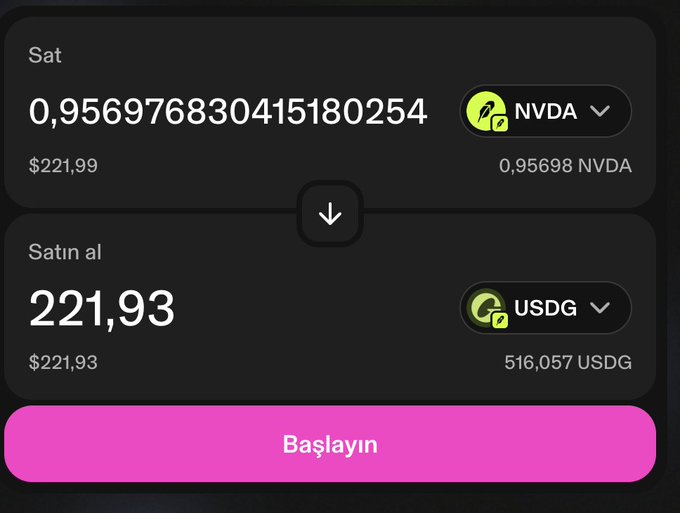 A screenshot of a cryptocurrency swap interface showing the sale ("Satın al") of 0.956976830415180254 NVDA for 221.93 USDG (worth $221.93), with a pink "Başlayın" (Start) button at the bottom. The image illustrates the final step of the token creation/swap process described in the post about creating a token and earning $220 in creator fees.