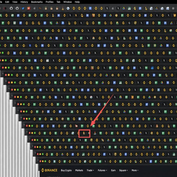 A screenshot of a chaotic web browser overwhelmed with dozens of stacked Binance tab icons, with a red arrow highlighting a specific $BNBDOG tab and the Binance navigation bar visible at the bottom showing options like "Buy Crypto," "Markets," "Trade," "Futures," "Earn," and "Square."