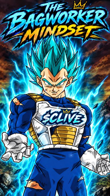 An anime-style illustration of a character resembling Vegeta with teal spiky hair and a blue and white outfit bearing '$CLIVE', surrounded by blue lightning, with the text 'THE BAGWORKER MINDSET' at the top.