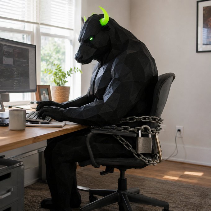 A creative digital render of a low-poly black panther-like creature with glowing green eyes and green horns, sitting at a desk typing on a keyboard while wrapped in heavy chains and a padlock around its waist.