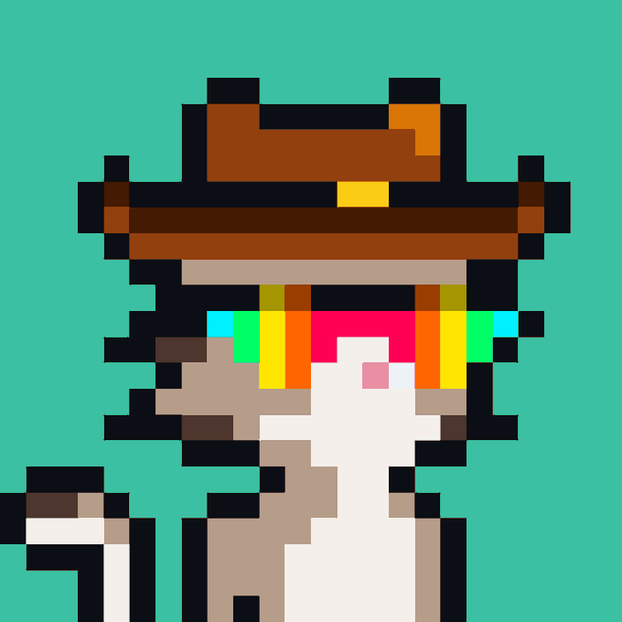 A pixel art style character with a wide-brimmed hat and colorful rainbow bangs stands against a teal background.