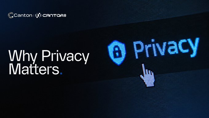 A dark blue promotional graphic featuring the Canton and Cantor8 branding in the top-left corner, with the bold white text "Why Privacy Matters." alongside a pixelated blue padlock icon and the word "Privacy" being clicked by a cursor—visually reinforcing the post's emphasis on Canton's privacy-first, need-to-know data architecture for institutional finance.