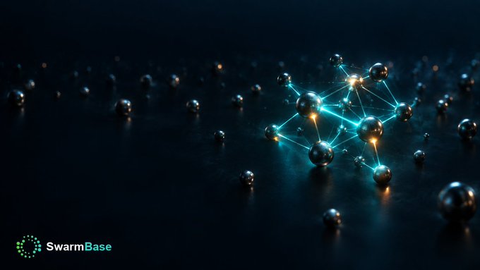 Dark digital art showing metallic spheres connected by glowing blue and orange lines forming a network, with the SwarmBase logo in the bottom left corner.