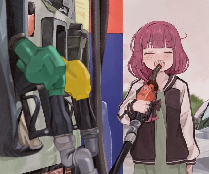 An anime-style illustration shows a girl with short purple hair smiling happily as she holds a gas pump nozzle in her mouth.