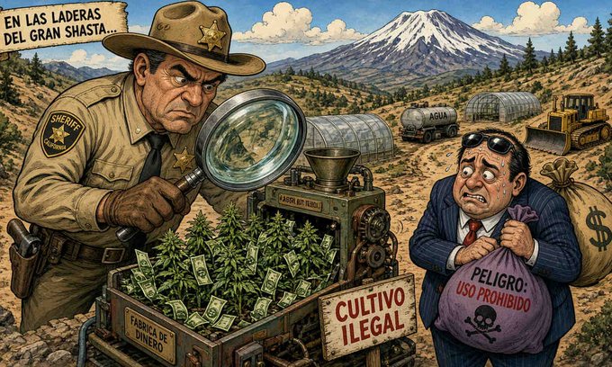 A comic-style illustration showing a sheriff examining a cannabis growing operation with a magnifying glass, while a sweating man in a suit holds a money bag; visible text includes 'EN LAS LADERAS DEL GRAN SHASTA', 'CULTIVO ILEGAL', and 'PELIGRO: USO PROHIBIDO'.