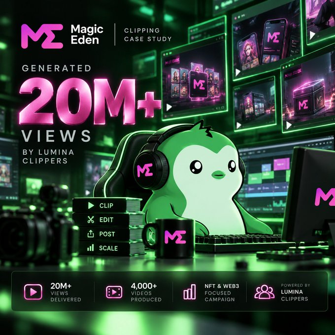 The image showcases the Magic Eden Clipping Case Study, featuring a green penguin mascot wearing headphones and working at a computer, with bold text highlighting "20M+ VIEWS" generated by Lumina Clippers. It also displays key metrics at the bottom—4,000+ videos, NFT & Web3 focused campaign, and powered by Lumina Clippers—visually reinforcing the campaign's success in delivering massive reach and scalable content for Magic Eden.
