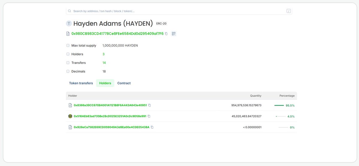 The image shows an Etherscan-style blockchain explorer page for an ERC-20 token called "Hayden Adams (HAYDEN)" with a contract address starting 0x980CB983, displaying its max supply of 1,000,000,000 HAYDEN, 3 holders, and 14 transfers. The page details the token's holders distribution, with the largest holder controlling 95.5% (954,979,536.15 HAYDEN), while the context references the uToken launcher and $UPEG as a potential beneficiary of trading activity around collectible tokens.