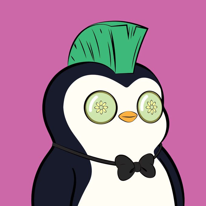 A cartoon illustration of a stylish penguin with a green mohawk, cucumber slices over its eyes, and a black bow tie against a bright pink background.