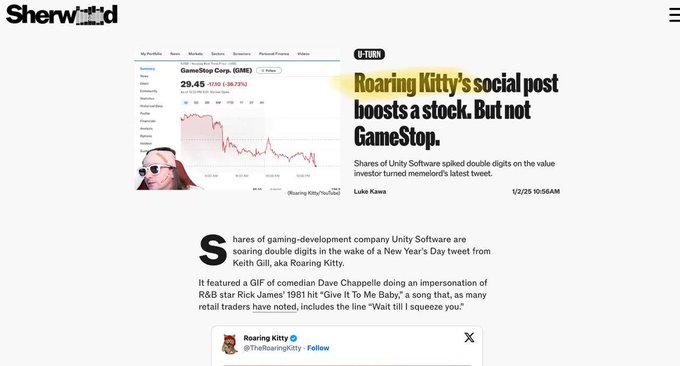 A Sherwood News article headline reads 'Roaring Kitty's social post boosts a stock. But not GameStop,' by Luke Kawa, dated 1/2/25 10:56AM, accompanied by a GameStop (GME) stock chart showing shares at 29.45.