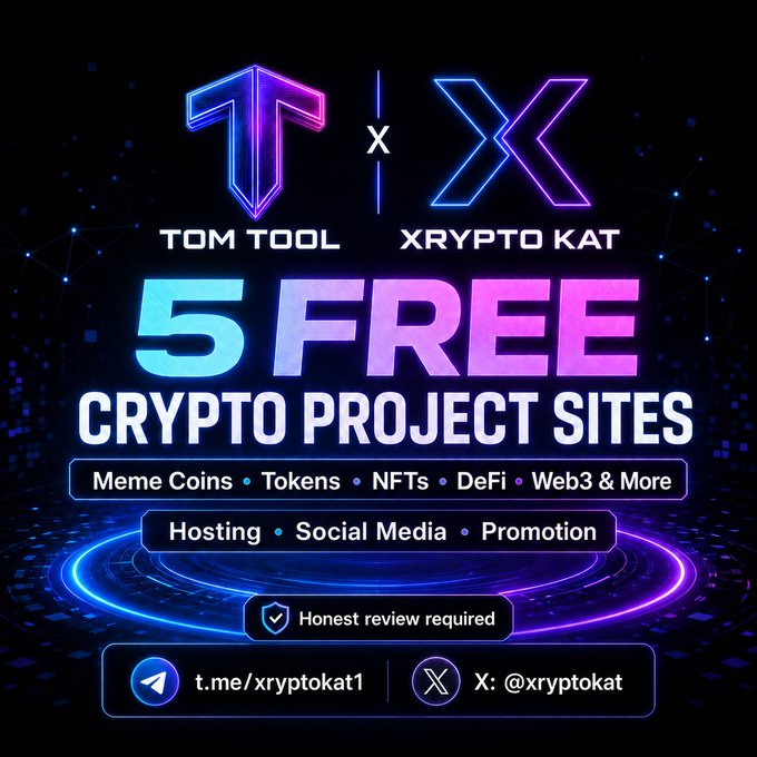 Promotional graphic featuring logos for "TOM TOOL" and "XRYPTO KAT" advertising "5 FREE CRYPTO PROJECT SITES" for Meme Coins, Tokens, NFTs, DeFi, and Web3, including hosting, social media, and promotion services with links to t.me/xryptokat1 and X @xryptokat.