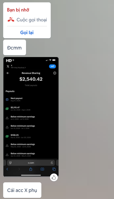 A screenshot of an X (Twitter) revenue sharing dashboard showing $2,540.42 in total payouts, with a Vietnamese comment 'Đcmm' ('damn') and caption 'Cài acc X phụ' meaning 'commenting on a secondary X account'.