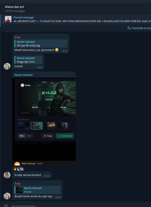 A screenshot of a Telegram chat shows users discussing trading, with "Navin Vatvani" sharing an AI Lab Wallet screenshot displaying "+1.03" SOL profit from a 0.20 SOL investment with "345.92K" volume, matching the post about someone profiting 1 SOL overnight using AI Lab crypto scanning.