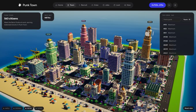 A 3D isometric view of the "Punk Town" virtual city showcases "563 citizens" working and roaming colorful voxel-style streets and skyscrapers, with a leaderboard displaying tokenized stocks (#15-#141) ranging from "Maximum" to "Satisfaction" alongside a price ticker showing "0.7020...875e".